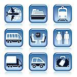 Set of blue travel icons over white background