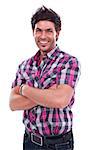 Handsome young man smiling to us, studio shot