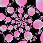 Digital abstract fractal image with a spiral balloon design in pink on a black background.