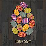 Easter eggs. Composed in one egg shape on wooden planks background. Vector, EPS10