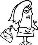 Black and White Cartoon Illustration of Funny Woman with Bag