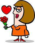 Cartoon Illustration of Happy Woman in Love with Flowers