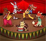 Musician animals on stage. Vector and cartoon illustration.