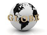 GLOBE abstraction inscription around earth of gold letters on a white background