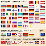 Vector set of Flags of European sovereign, partially recognised states and Dependent territories (March 2013).