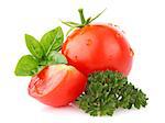 ripe tomato with basil and parsley isolated on white background