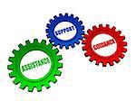 assistance, support, guidance - business concept words in 3d color gearwheels