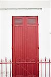 Close up of red door and fence, architecture detail, Arcachon, Gironde, Aquitaine, France