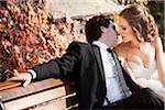 Portrait of Bride and Groom Kissing on Bench in Autumn, Toronto, Ontario, Canada