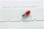 close-up of an electrocardiogram report and a red pill capsule