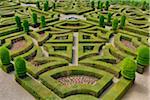 Elevated view of formal hedged garden of Villandry castle. The renaissance castle is famous for its gardens, created from 16th century designs. UNESCO World Heritage Site. Villandry Castle, Chateau de Villandry, Indre-et-Loire (Department), Loire Valley, France.