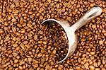 Metal scoop in pile of coffee beans