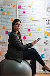 Woman sitting on exercise ball with digital tablet