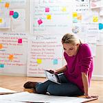 Woman sitting on floor with digital tablet