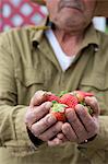 Man holding strawberries outdoors