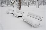 Snow covered benches in park