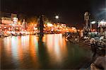 Illuminated temples at Har Ki Pauri at night, River Ganges, Haridwar, Uttarakhand, India