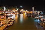 Illuminated temples at Har Ki Pauri at night, River Ganges, Haridwar, Uttarakhand, India