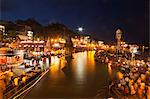 Illuminated temples at Har Ki Pauri at night, River Ganges, Haridwar, Uttarakhand, India