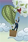 Two businessmen in a hot air balloon of money being burst by a bird