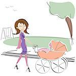 Woman pushing her baby in a stroller in a park