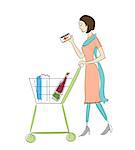 Woman holding a credit card and walking with a shopping cart