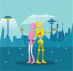 Robot couple sheltering under an umbrella during rain