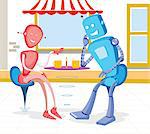 Robot couple at a sidewalk cafe