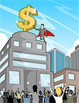 Business super hero with dollar sign guiding people