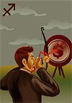 Businessman aiming a target with bow and arrow