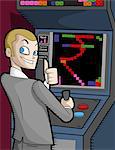 Businessman showing thumbs up at video arcade
