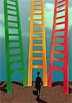 Businessman looking at three different ladders