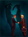 Two businessmen shaking hands with behind black shadows showing crime