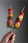 Close-up of a person's hand holding grilled vegetable kebab