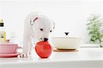 Staffordshire Bull Terrier puppy biting an apple