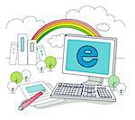 Illustration of desktop computer with rainbow in background