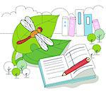 Illustration of grasshopper on leaf and books