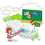 Girl holding pencil against blackboard with different flags