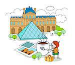 Illustration of girl having tea in front of Louvre Pyramid