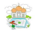 Illustration of a girl writing in book with Taj Mahal