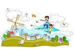 Father And Daughter On Paper Plane Pointing Toward Wind Mill