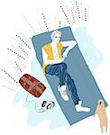 Illustration of boy lying on mattress