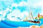 Dolphins And Sailing Boat Over Ocean