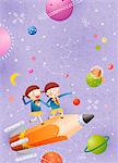 Children On Pencil Rocket