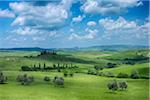 Green rolling landscape with fluffy clouds. Pienza, Siena Province, Val d´Orcia, Tuscany, Italy, Mediterranean Area.