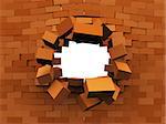 3d illustration of brick wall demolition, over white background