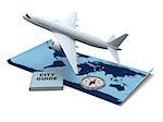 Concept of air travel with world map, aircraft, compass and city guide book. Elements of this image furnished by NASA