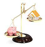 Piggy bank and house on bowls of scales. Isolated over white
