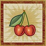 Retro cherries on wooden background. Vector illustration in woodcut style.