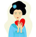 Vector portrait of Japanese woman with heart in her hands